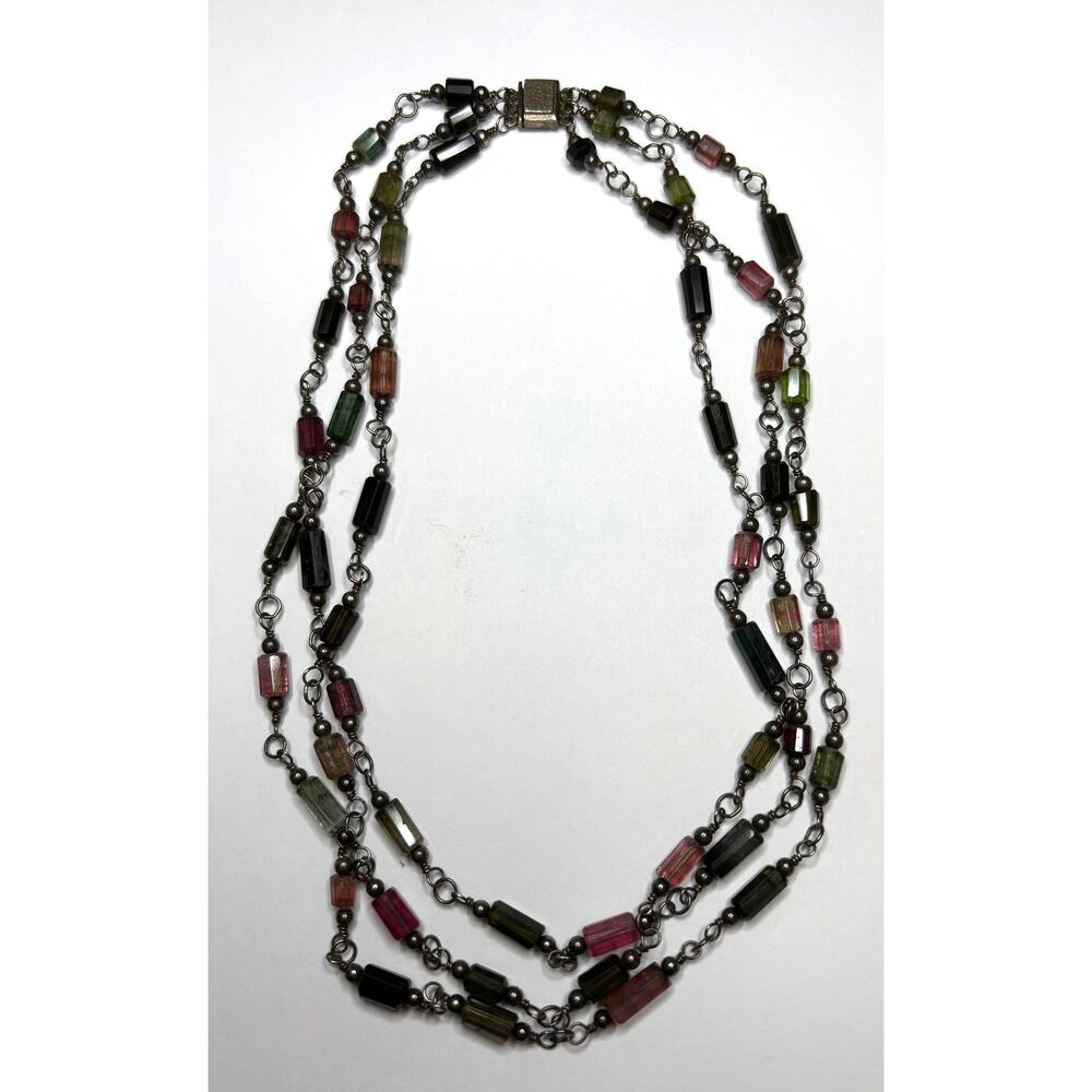 3 Strand Tourmaline Tube Bead Necklace 925 Sterling Box Clasp 16" Vintage